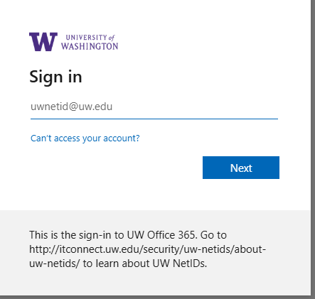 Screenshot showing the UW IDP login page