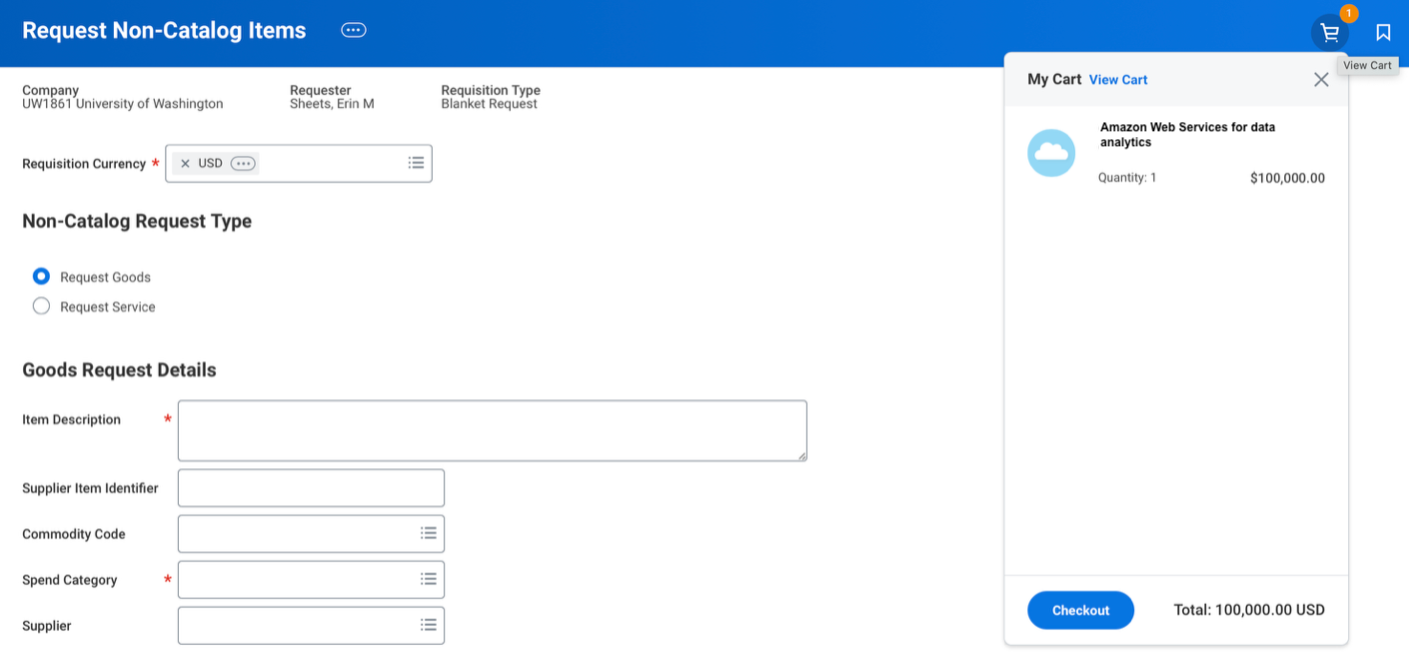 Workday View Cart and Checkout screen displaying selected items and checkout options.