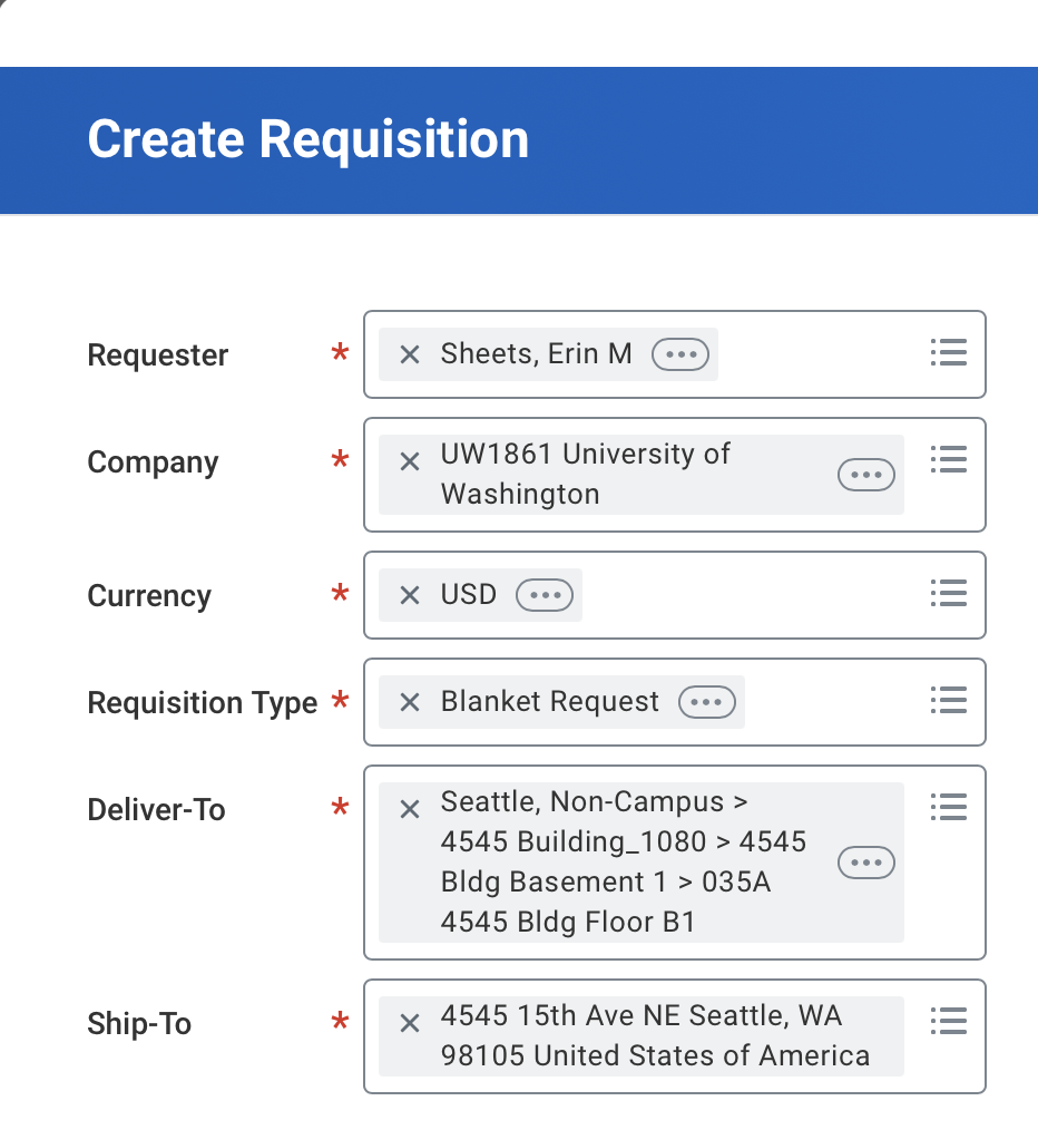 Workday Create Requisition Header screen with example entries in required fields.