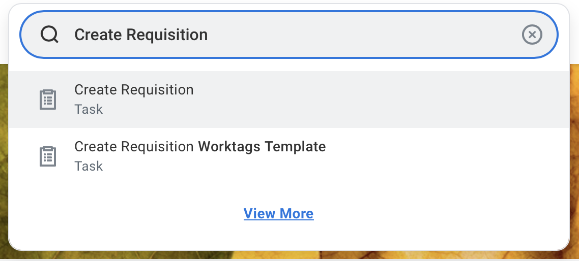 Workday search bar displaying results for &lsquo;Create Requisition.&rsquo;