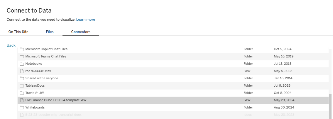 A screenshot of the "Connect to Data" screen in Tableau. A file is selected as a data source.