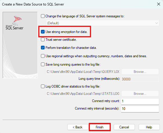 Enabling strong encryption for a Microsoft Access data source