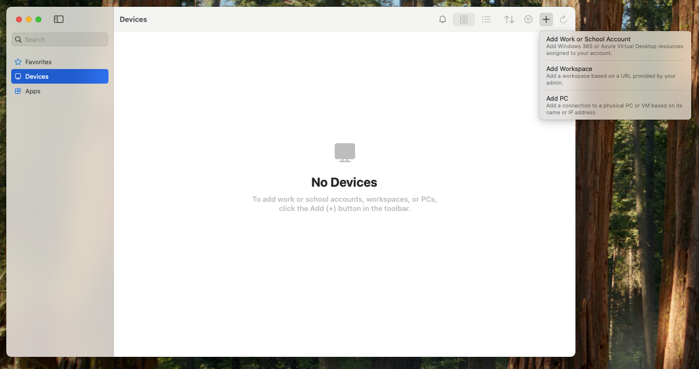 Showing the home page of the windows app, selecting the + to add a workspace