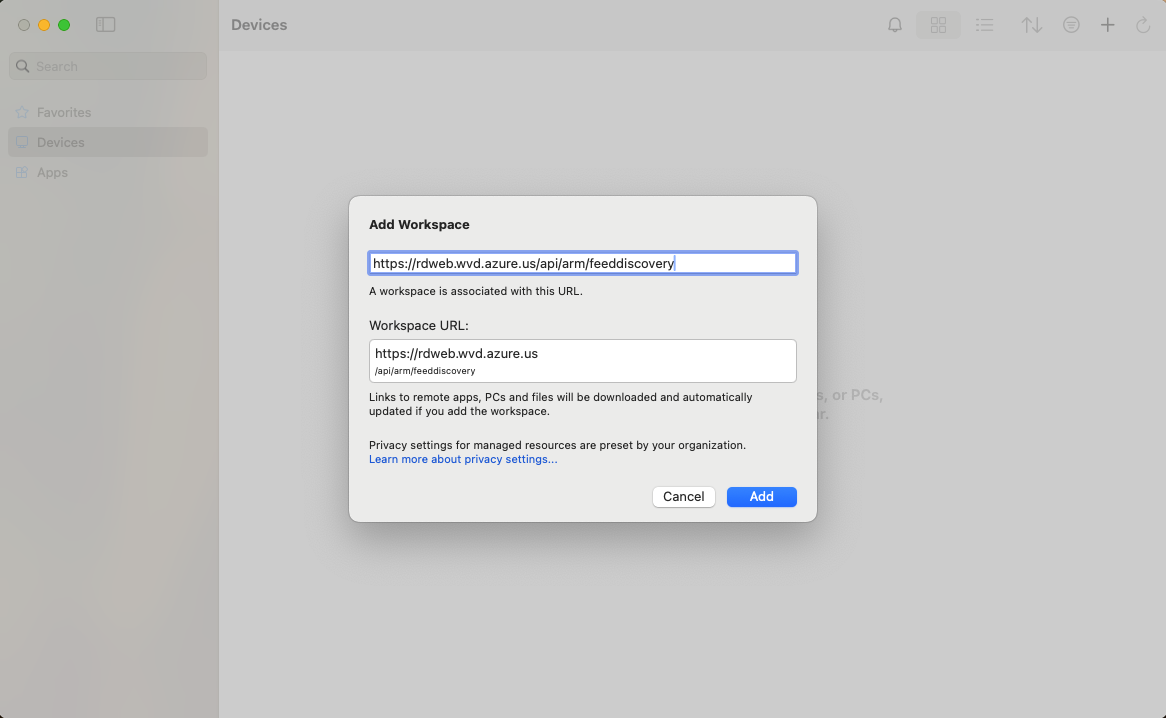 Showing the workspace URL in the add workspace page