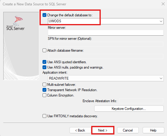 Setting the default database for a Microsoft Access data source