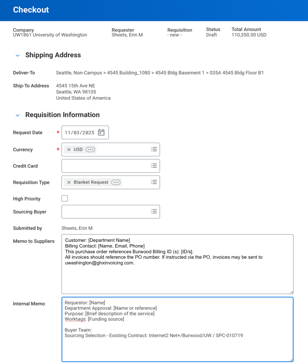 Workday requisition example showing vendor-visible memo and internal memo fields with sample text.
