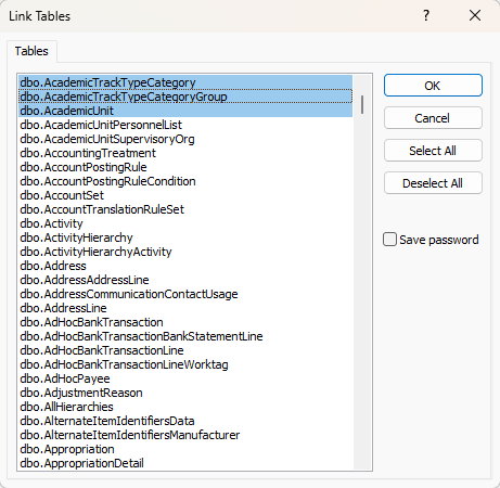 Selecting the tables for a new Microsoft Access data source