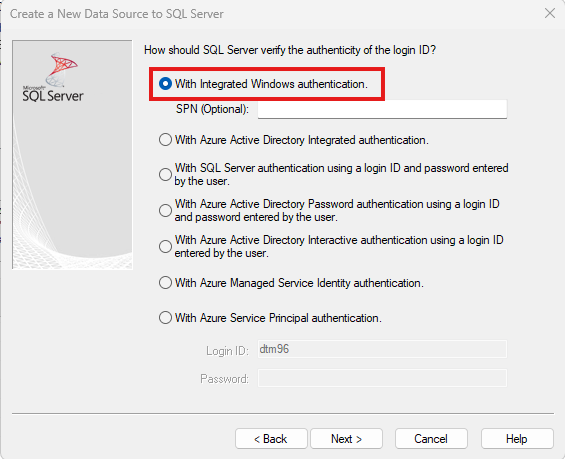 Selecting Windows Authentication for a new Microsoft Access data source