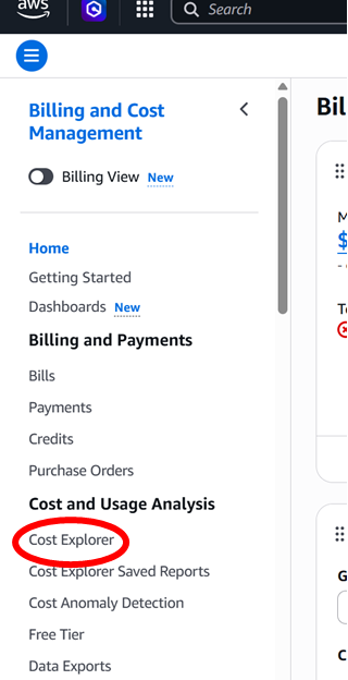 Screenshot showing Cost Explorer on drop down menu