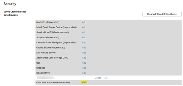 A screenshot of the Account Settings screen in Tableau. The Security section is displayed and the "Add" link next to "OneDrive and SharePoint Online" is highlighted.