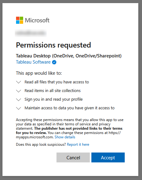 A screenshot of Microsoft's "Permissions Requested" window.