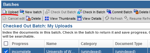 Screenshot of upload icon location in batches panel
