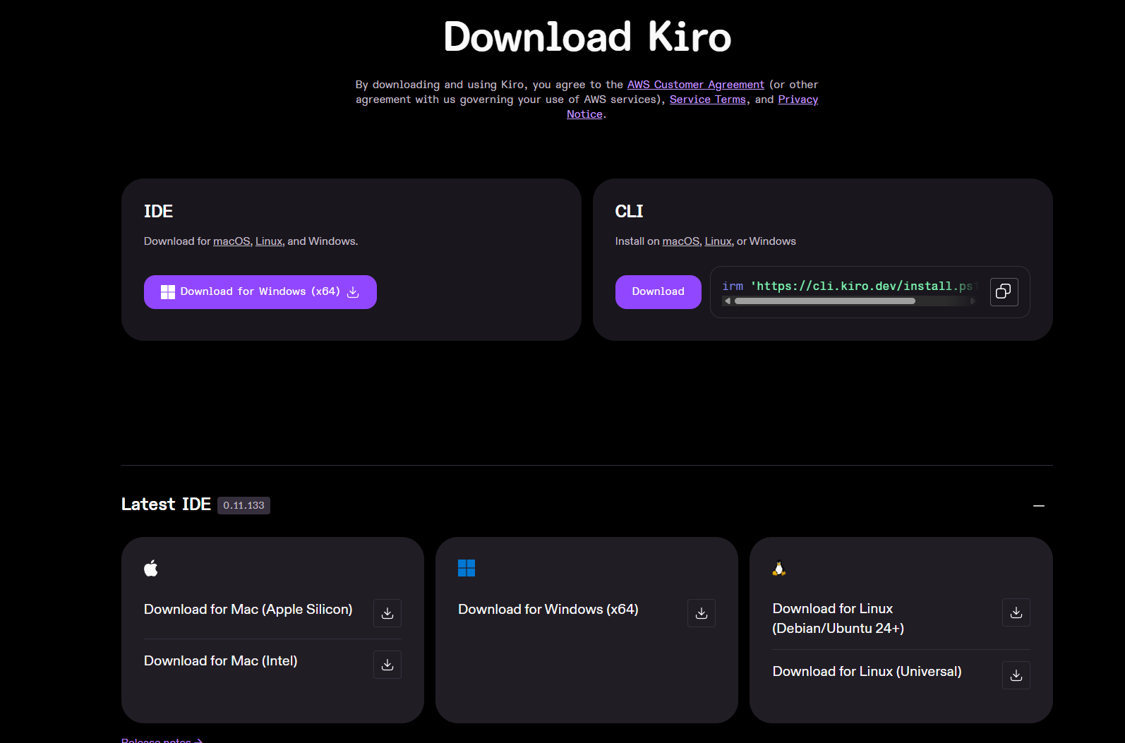 Screenshot showing the url page where you can download Kiro