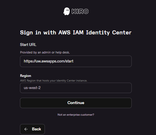 Screenshot showing the start url and region 