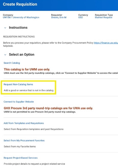 Workday Create Requisition screen displaying available requisition options.