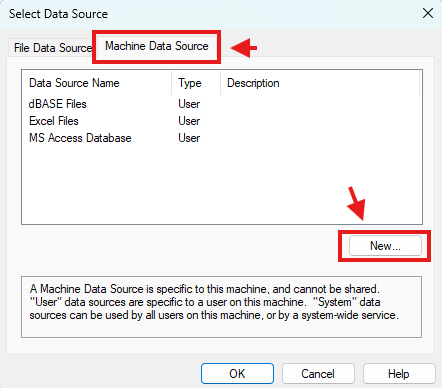 Selecting a Machine Data source in Microsoft Access