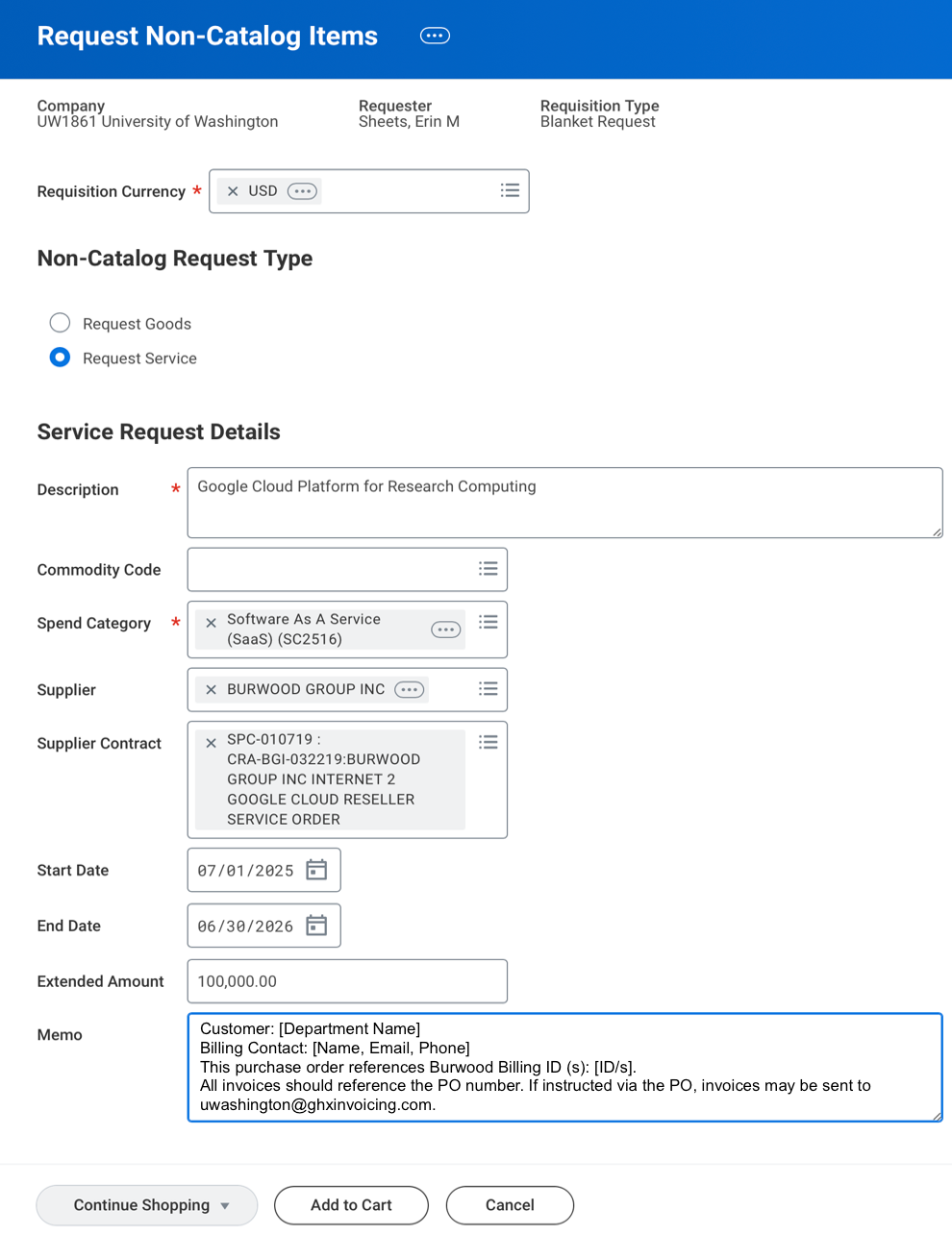 Workday service line example showing completed fields for a non-catalog service request.
