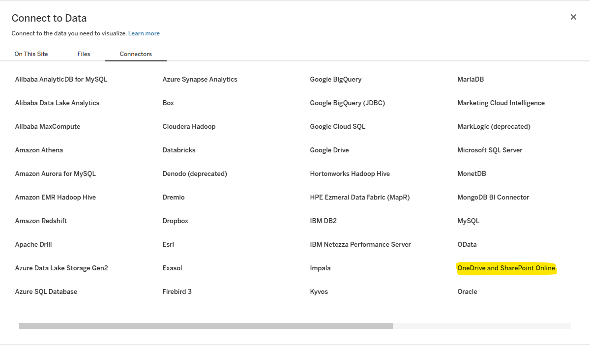 A screenshot of the Connect to Data screen in Tableau. The Connectors tab is displayed and the "OneDrive and SharePoint Online" connector is highlighted.
