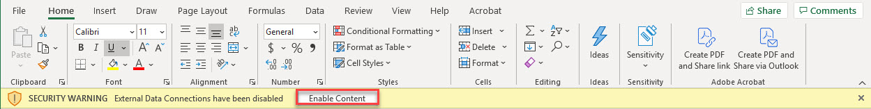 A screenshot of an Excel workbook with the "Enable Content" button highlighted.