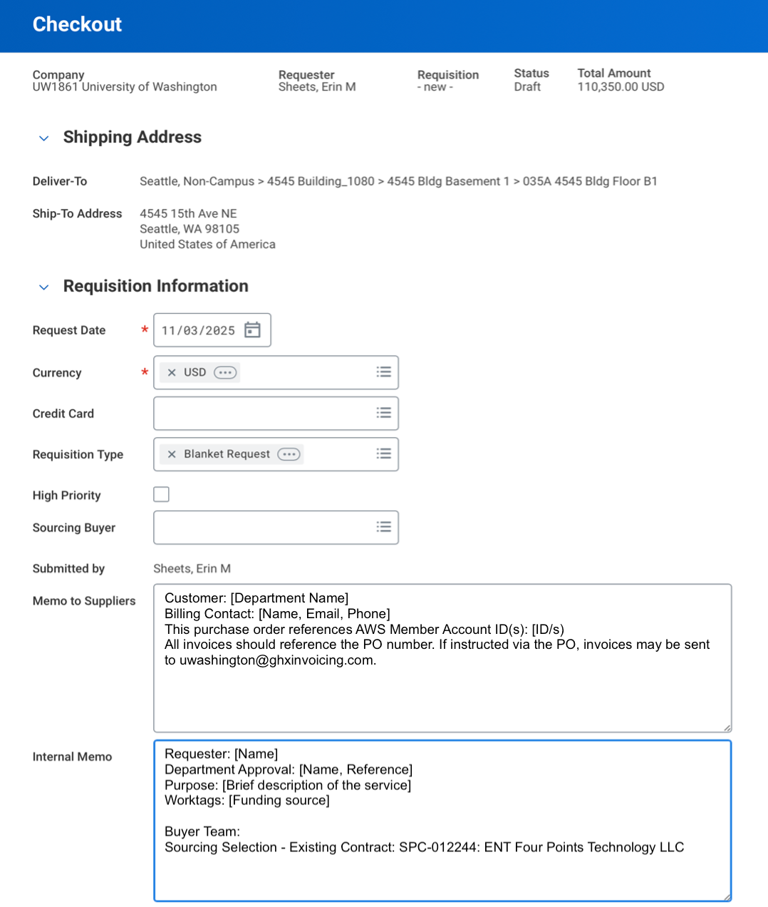 Workday requisition example showing vendor-visible memo and internal memo fields with sample text.