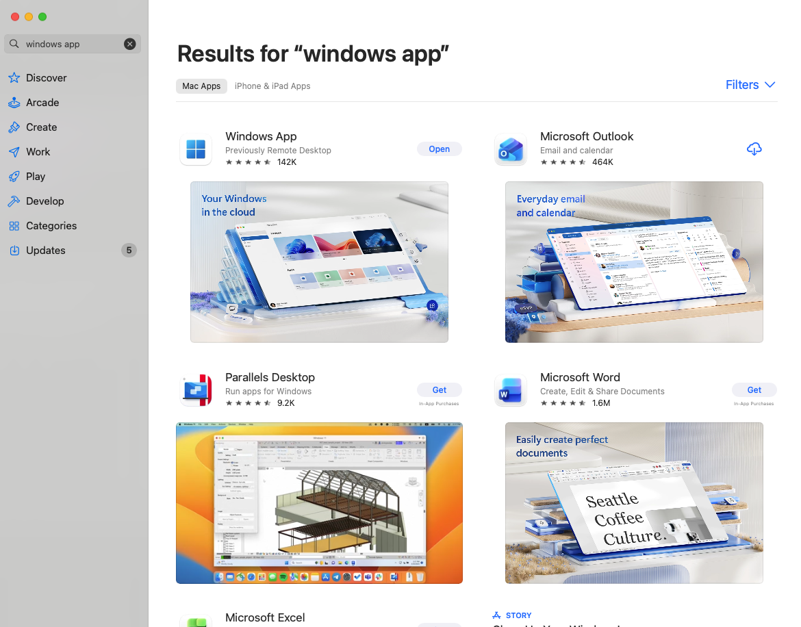 Showing the Windows app in the mac app store