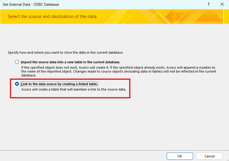 Creating a new ODBC data source in Microsoft Access by creating a linked table
