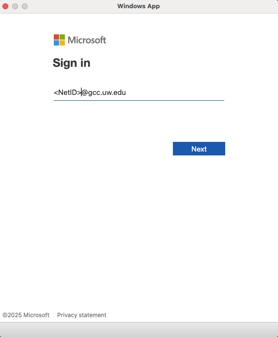 Showing GCC email login for Microsoft